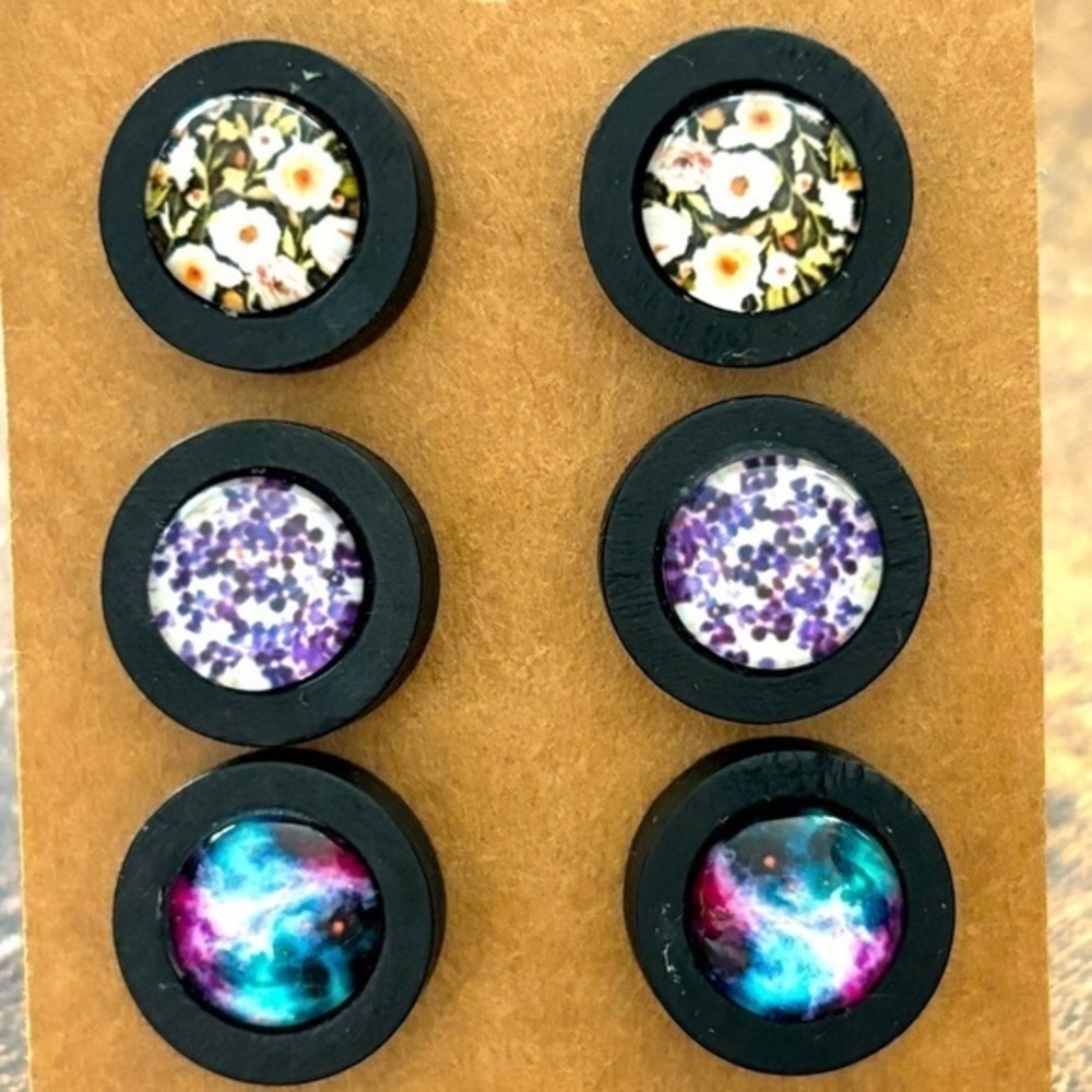 Set of 3 Handmade Stud Earrings - Floral and Galaxy Prints